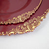 8inch Burgundy Gold Leaf Embossed Baroque Plastic Salad Plates, Disposable Round Appetizer Plates