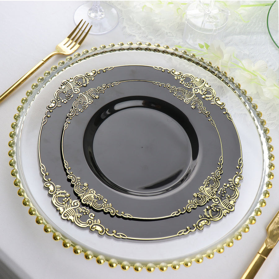 10 Pack | 8inch Black Gold Leaf Embossed Baroque Plastic Salad Dessert Plates