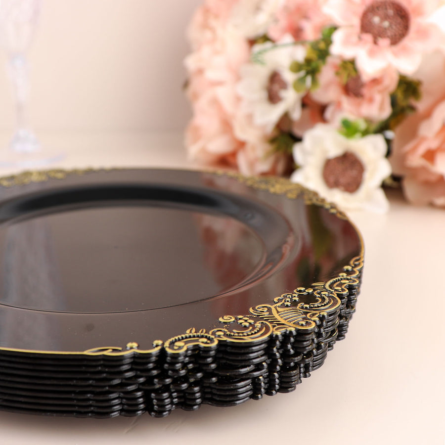 10 Pack | 8inch Black Gold Leaf Embossed Baroque Plastic Salad Dessert Plates