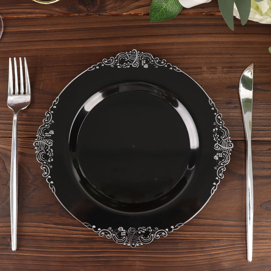 10 Pack | 8inch Black Silver Leaf Embossed Baroque Plastic Salad Dessert Plates