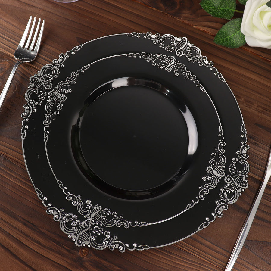 10 Pack | 8inch Black Silver Leaf Embossed Baroque Plastic Salad Dessert Plates