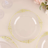 10 Pack | 8inch Clear Gold Leaf Embossed Baroque Plastic Salad Dessert Plates