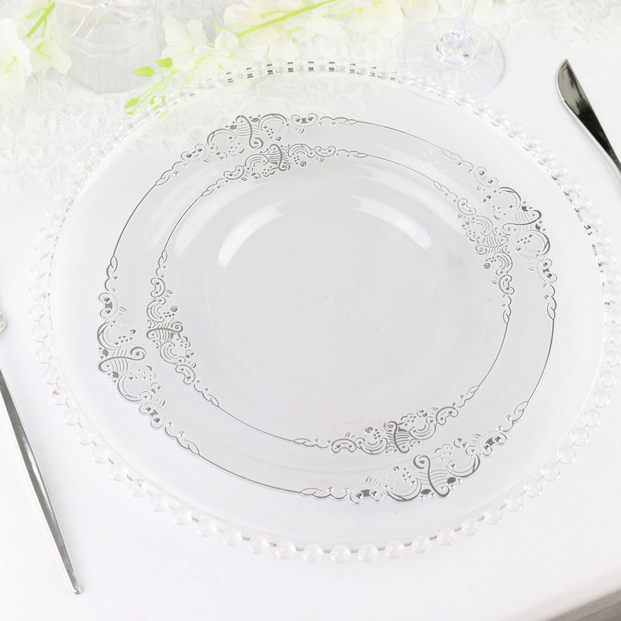 10 Pack | 8inch Clear Silver Leaf Embossed Baroque Plastic Salad Dessert Plates