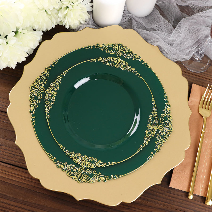 10 Pack 8inch Hunter Emerald Green Plastic Salad Plates With Gold Leaf Embossed Baroque Rim, Round