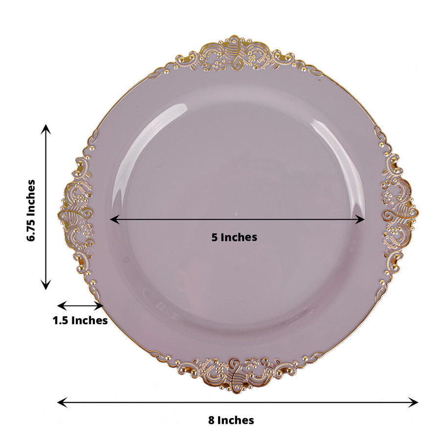 Lavender Lilac Gold Leaf Embossed Baroque Plastic Dessert Plates, Disposable Round Appetizer Plates