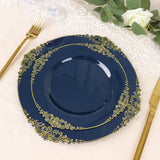 10 Pack 8inch Navy Blue Plastic Salad Plates With Gold Leaf Embossed Baroque Rim, Round Disposable