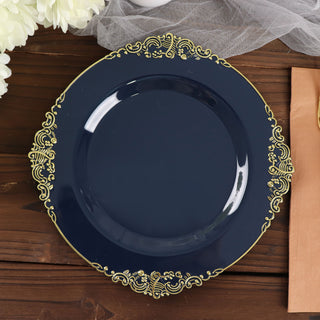 Navy Blue Plastic Salad Plates with Gold Leaf Embossed Baroque Rim