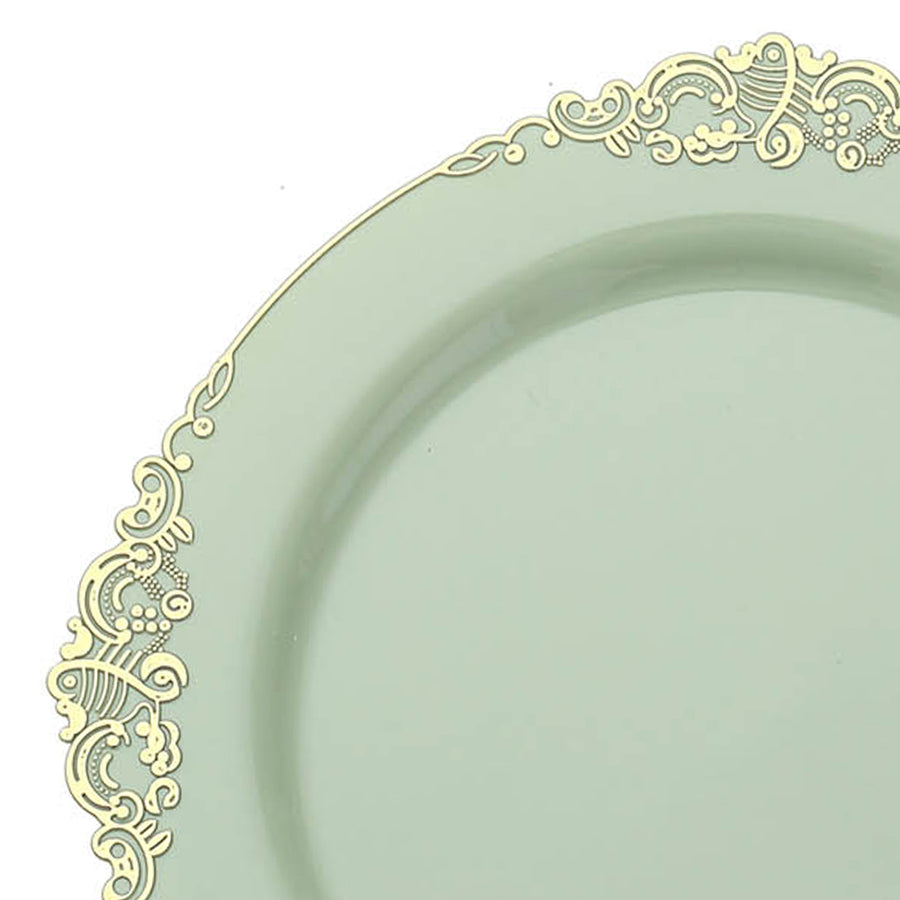 10 Pack | 8inch Sage Green Gold Leaf Embossed Baroque Plastic Salad Dessert Plates#whtbkgd