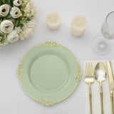 10 Pack | 8inch Sage Green Gold Leaf Embossed Baroque Plastic Salad Dessert Plates