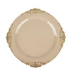 Taupe Gold Leaf Embossed Baroque Plastic Dessert Plates, Disposable Vintage Round Appetizer Plates