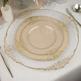 Taupe Gold Leaf Embossed Baroque Plastic Dessert Plates, Disposable Vintage Round Appetizer Plates
