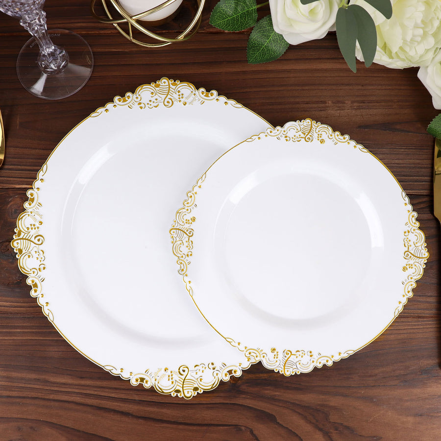 10 Pack | 8inch White Gold Leaf Embossed Baroque Plastic Salad Dessert Plates