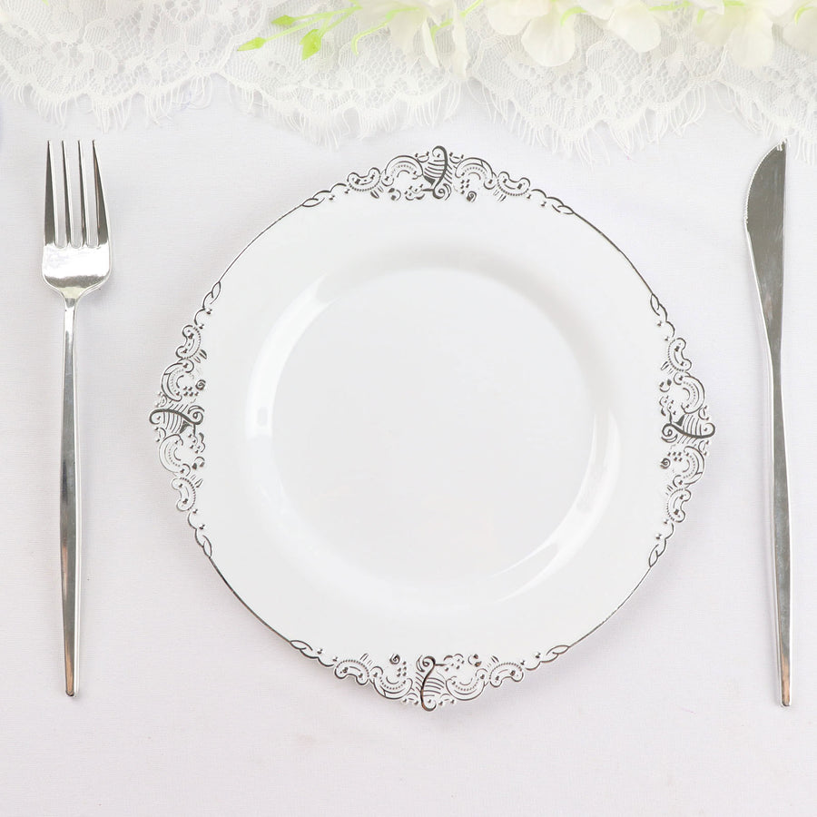 10 Pack | 8inch White Silver Leaf Embossed Baroque Plastic Salad Dessert Plates