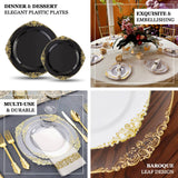 10 Pack | 10inch Black Gold Leaf Embossed Baroque Plastic Dinner Plates