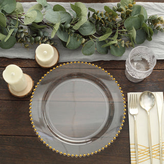 10 Pack | 10" Clear / Gold Beaded Rim Disposable Dinner Plates