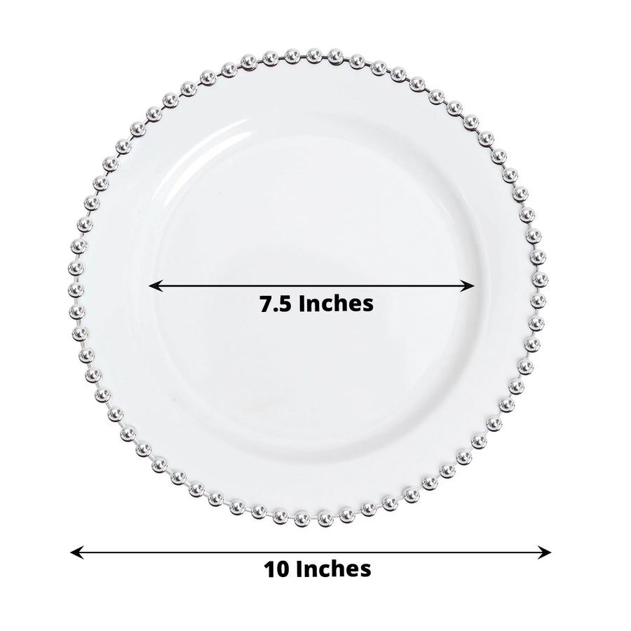 10 Pack | 10inch White / Silver Beaded Rim Disposable Dinner Plates, Round Plastic Party Plates