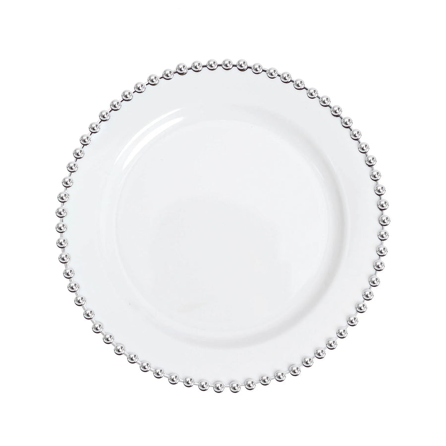 10 Pack | 10inch White / Silver Beaded Rim Disposable Dinner Plates, Plastic Party Plates#whtbkgd