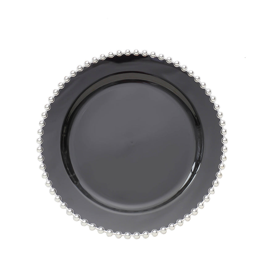 10 Pack | 8inch Black / Silver Beaded Rim Disposable Salad Plates, Disposable Plates#whtbkgd