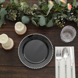 10 Pack | 8inch Black / Silver Beaded Rim Disposable Salad Plates, Disposable Appetizer Plates