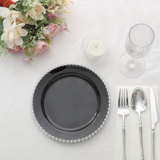 Elegant Black / Silver Beaded Rim Disposable Round Salad Plates