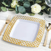 10 Pack | Gold and White 9inch Square Diamond Rim Plastic Dinner Plates