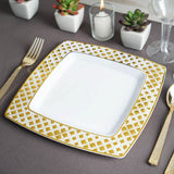 10 Pack | Gold and White 9inch Square Diamond Rim Plastic Dinner Plates