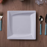 10 Pack | White 6inch Square Geometric Ridge Trim Plastic Salad Plates, Disposable Appetizer Plates