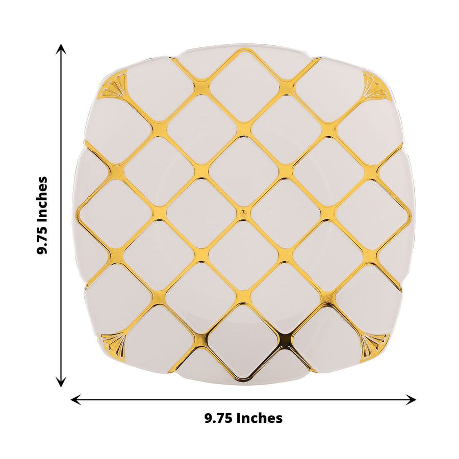 10 Pack | White/Gold 10inch Plastic Square Geometric Dinner Plates