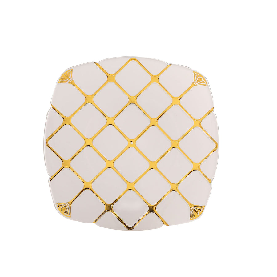 10 Pack | White/Gold 7inch Plastic Square Salad Dessert Plates#whtbkgd