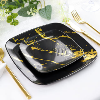 Versatile and Durable Black and Gold Marble Square Plates