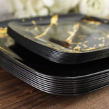10 Pack | 6inch Black / Gold Marble Square Plastic Appetizer Snack Plates, Disposable Dessert Plates
