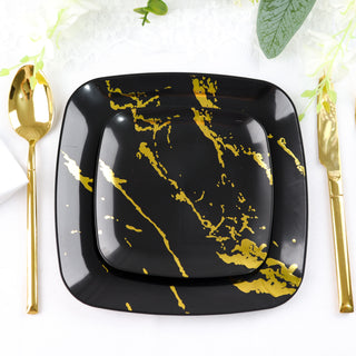 Elegant Black and Gold Marble Square Plates for Stylish Events