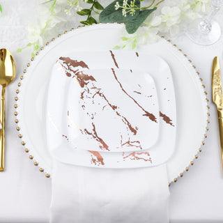 Elegant White and Rose Gold Marble Square Plastic Appetizer Snack Plates