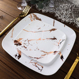 10 Pack | 6inch White / Rose Gold Marble Square Plastic Appetizer Snack Plates, Disposable Plates