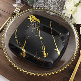 10 Pack | 8inch Black / Gold Marble Square Plastic Salad Plates, Disposable Appetizer Party Plates