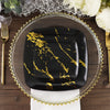 10 Pack | 8inch Black / Gold Marble Square Plastic Salad Plates, Disposable Appetizer Party Plates