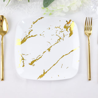 10 Pack | 8" White / Gold Marble Square Plastic Salad Plates