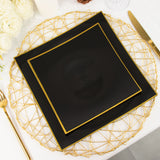 10 Pack | 10inch Black / Gold Concave Modern Square Plastic Dinner Plates, Disposable Party Plates