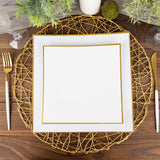 10 Pack | 10inch White / Gold Concave Modern Square Plastic Dinner Plates, Disposable Party Plates