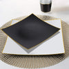 10 Pack | 8inch Black / Gold Concave Modern Square Plastic Dessert Plates, Disposable Salad Plates