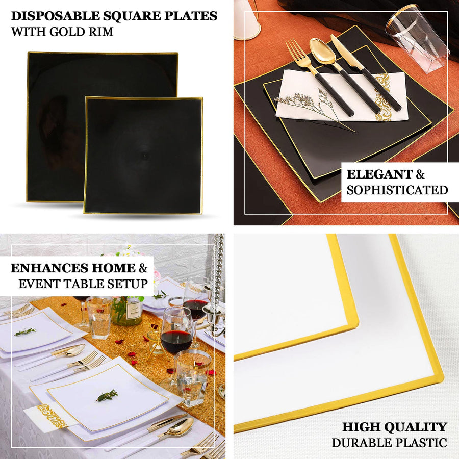 10 Pack | 8inch White / Gold Concave Modern Square Plastic Dessert Plates, Disposable Salad Plates