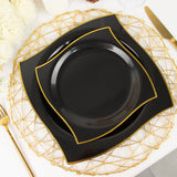 10 Pack | 10inch Black / Gold Wavy Rim Modern Square Plastic Dinner Plates, Disposable Party Plates