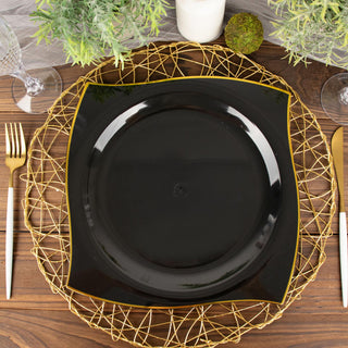 Elegant Black and Gold Wavy Rim Square Disposable Dinner Plates