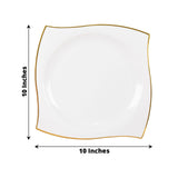 10 Pack | 10inch White / Gold Wavy Rim Modern Square Plastic Dinner Plates, Disposable Party Plates