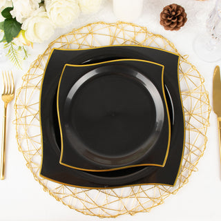 Elegant and Stylish Black/Gold Wavy Rim Square Disposable Salad Plates