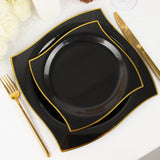 10 Pack | 8inch Black / Gold Wavy Rim Modern Square Plastic Dessert Plates, Disposable Salad Plates
