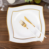 10 Pack | 8inch White / Gold Wavy Rim Modern Square Plastic Dessert Plates, Disposable Salad Plates