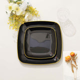 10 Pack | 10inch Black with Gold Rim Square Plastic Lunch Party Plates, Disposable Dinner Plates