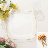 10 Pack | 10inch Clear with Gold Rim Square Plastic Lunch Party Plates, Disposable Dinner Plates