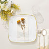 10 Pack | 10inch White with Gold Rim Square Plastic Lunch Party Plates, Disposable Dinner Plates